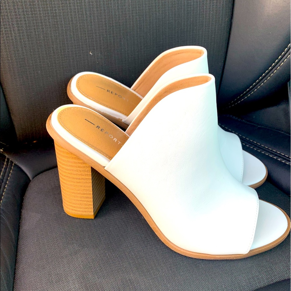 Report - Backless White Wedges/Mules